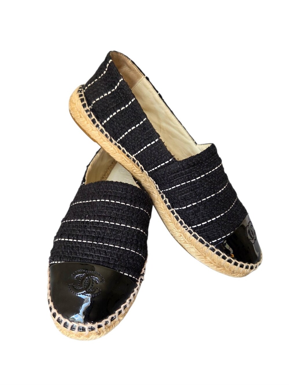 Chanel Black Tweed Patent Leather CC Espadrilles Shoes Size 40 G30898